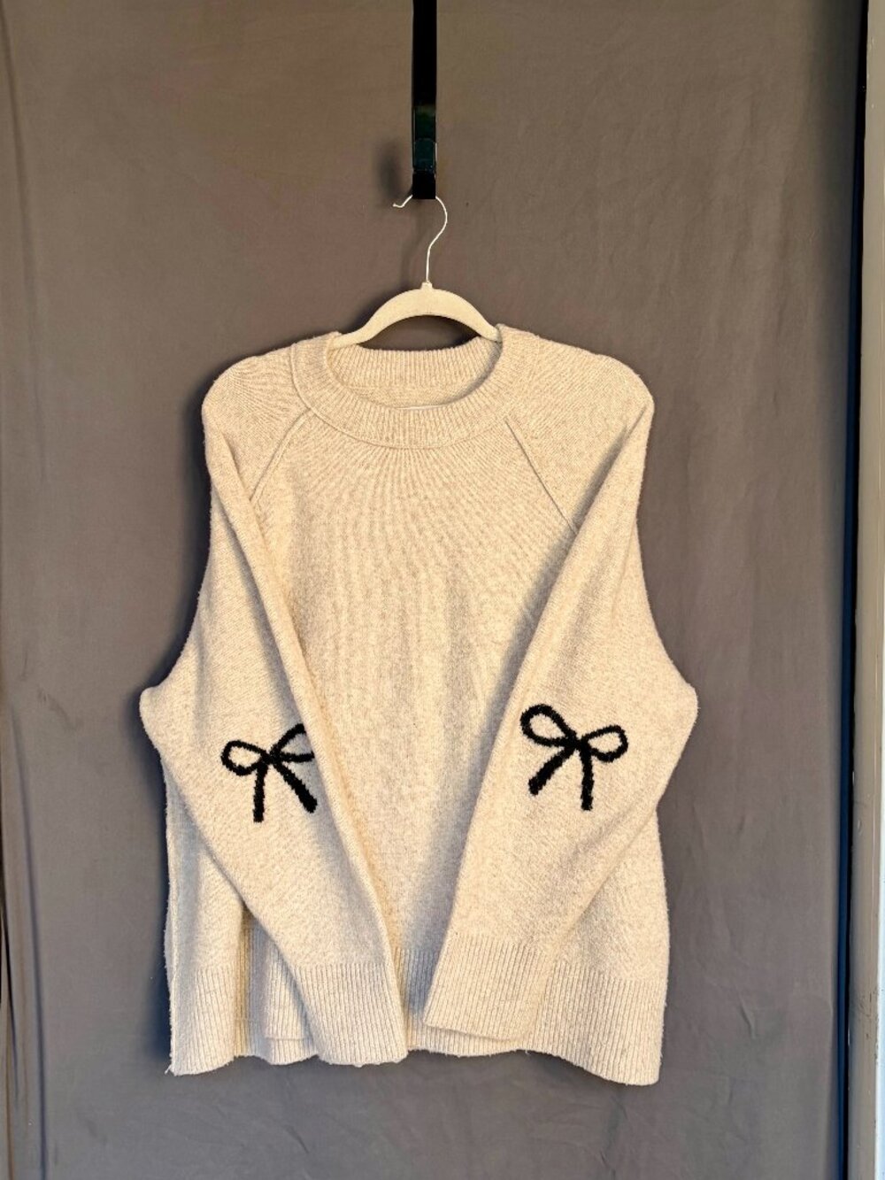 Aerie Cozy Knit Bow Elbow Sweater Large Neutral Soft Pullover